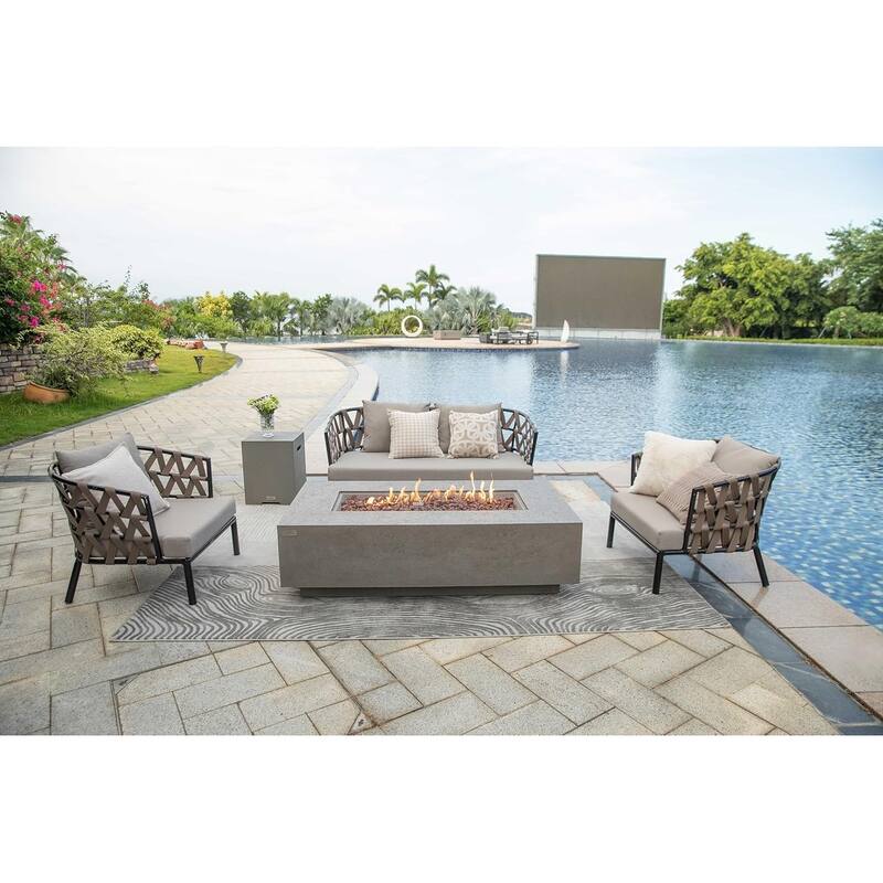 Madison 60" Rectangular Travertine Fire Pit Table by AMS Fireplace - Light Grey - Natural Gas