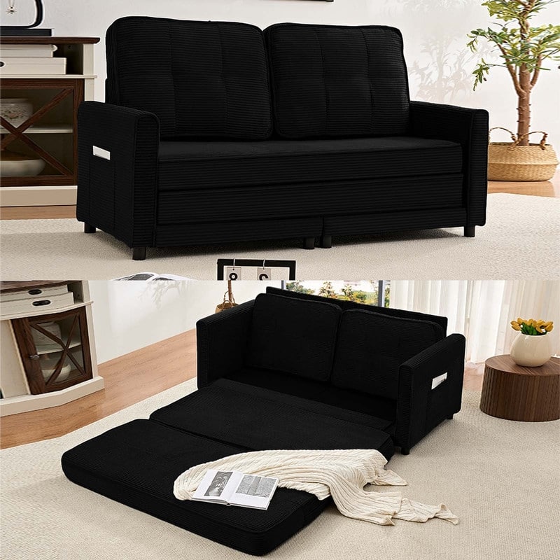 Mixoy 3-in-1 Convertible Futon Sofa Bed, Foldable Tufted Loveseat Sleeper Sofa with Side Pockets - Black - 78.7"D x 55.0"W x 25.2"H
