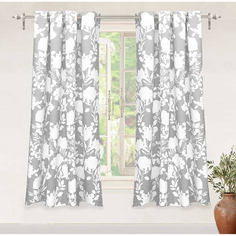 Porch & Den Nolana Floral Room-darkening Grommet Curtain Panel Pair - 52" width x 63" length - Grey