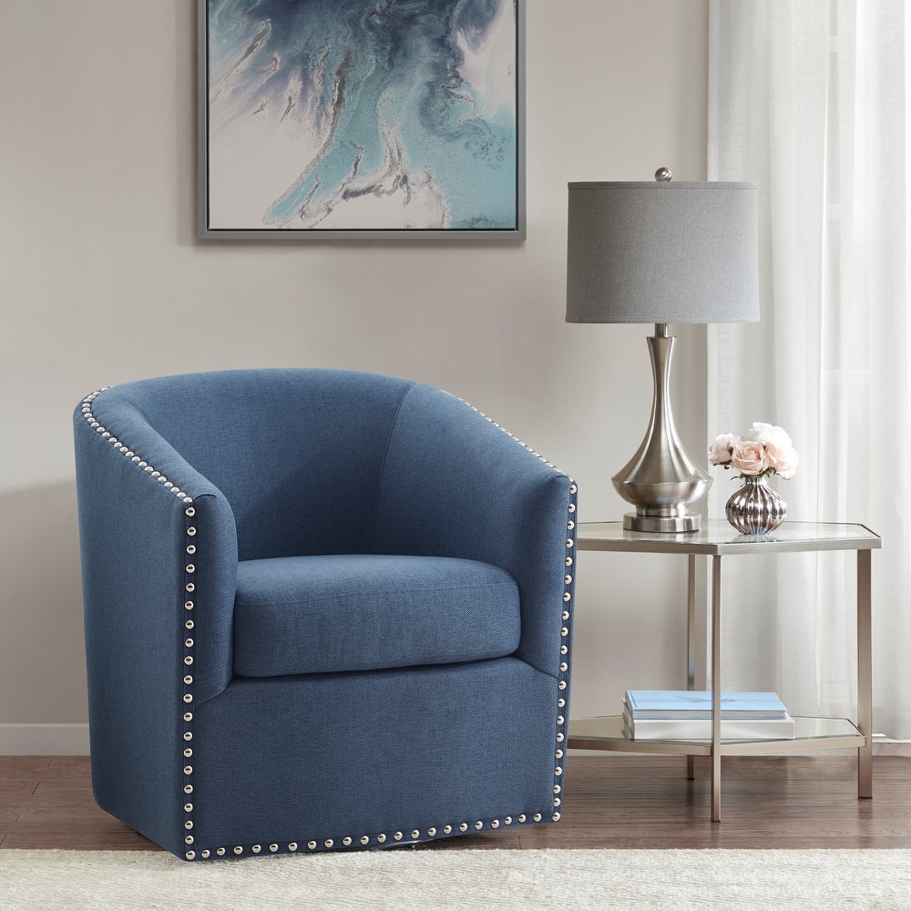 Madison Park Tyler Upholstered Swivel Barrel Chair with Nailheads