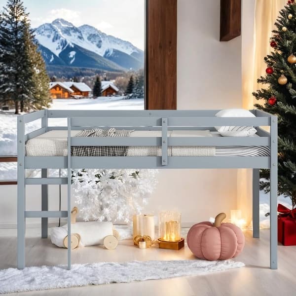 slide 2 of 30, Stylish & Simple Solid Wooden Twin Loft Bed with Ladder, Sturdy Construction & Safety Guaranteed, Space-saving Grey
