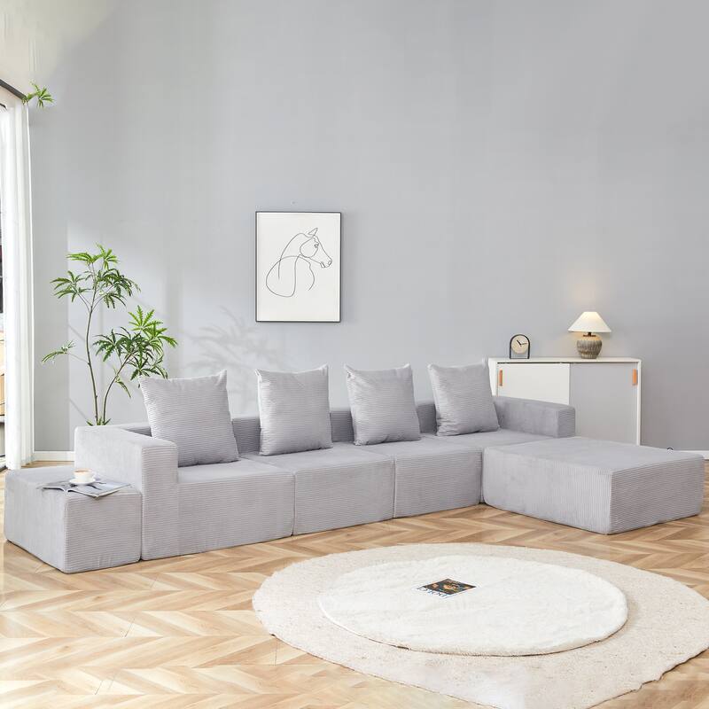 4-Seat Modular Sofa Sectional with Oversized Chaise & Ottomans Cloud Couch in Soft Corduroy Fabric