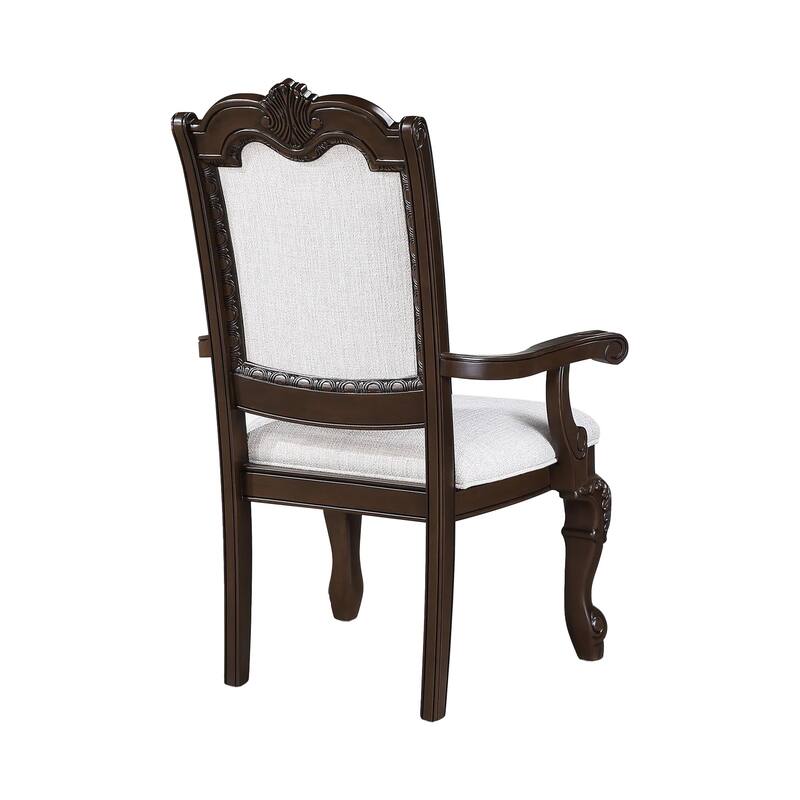 Cary Dining Armchair Set of 2, Beige Linen, Scrolled Coffee Brown Wood