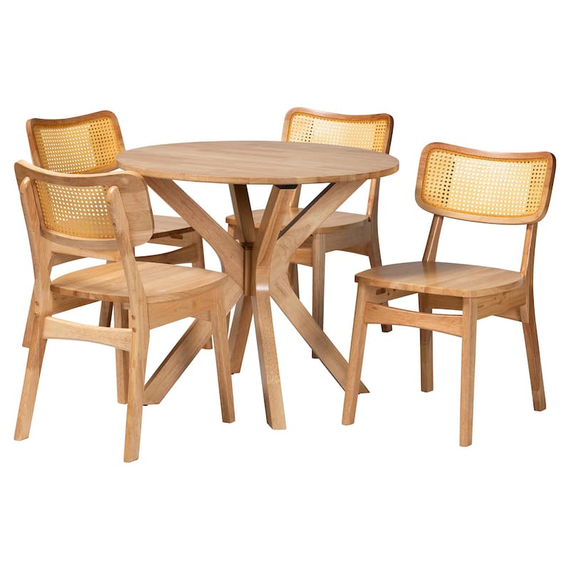 Camilo Mid-Century Oak Brown Finished Wood and Rattan 5-Piece Dining Set