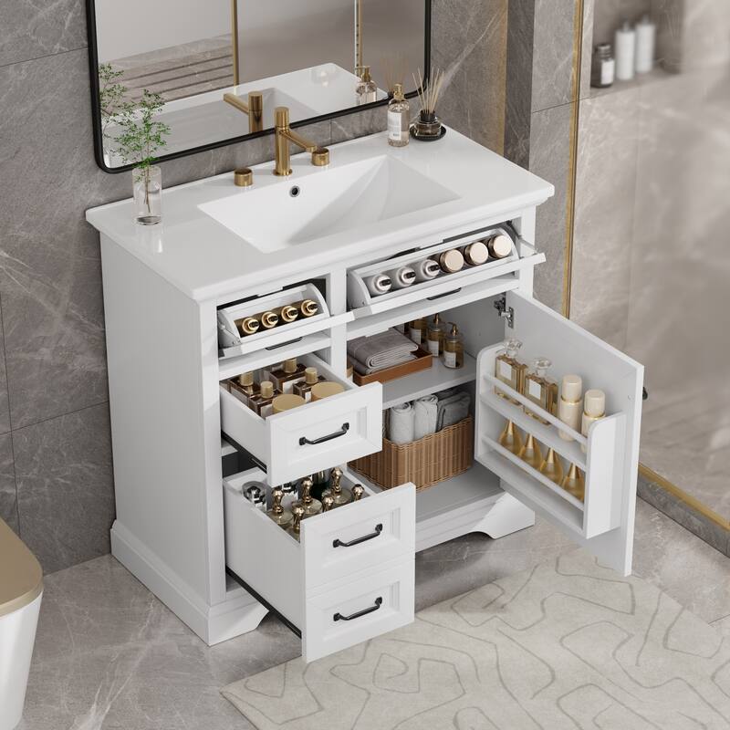 36-Inch Bathroom Vanity with Ceramic Sink Top, 4 Drawers and 1 Soft-Close Door, Freestanding Storage Cabinet with Metal Handles - White