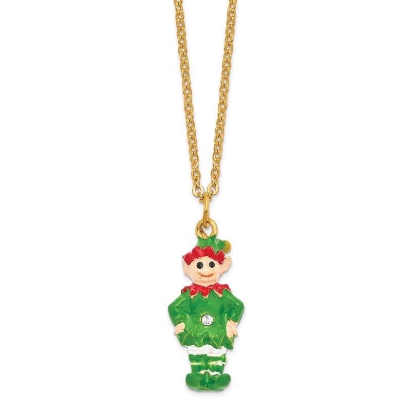 Curata Giftware Pewter Bejeweled Crystals Gold-Tone Enameled Jangle Elf Trinket Box on 18 Inch Necklace