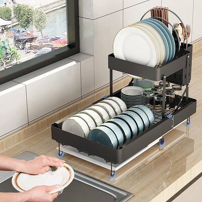Dish Drying Rack for Kitchen Counter, 2-Layer Extendable Dish Drainers