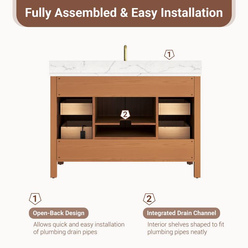 48" Freestanding Bathroom Vanity with Engineered Stone Top, Ceramic Sink, Built-In Power Outlet, and Hair Dryer Storage