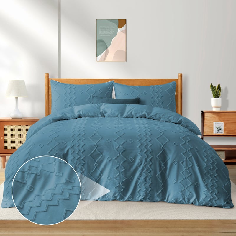 Bohemian Clipped Duvet Cover Set with Zipper Closure - Navy Blue/Diamond - Queen