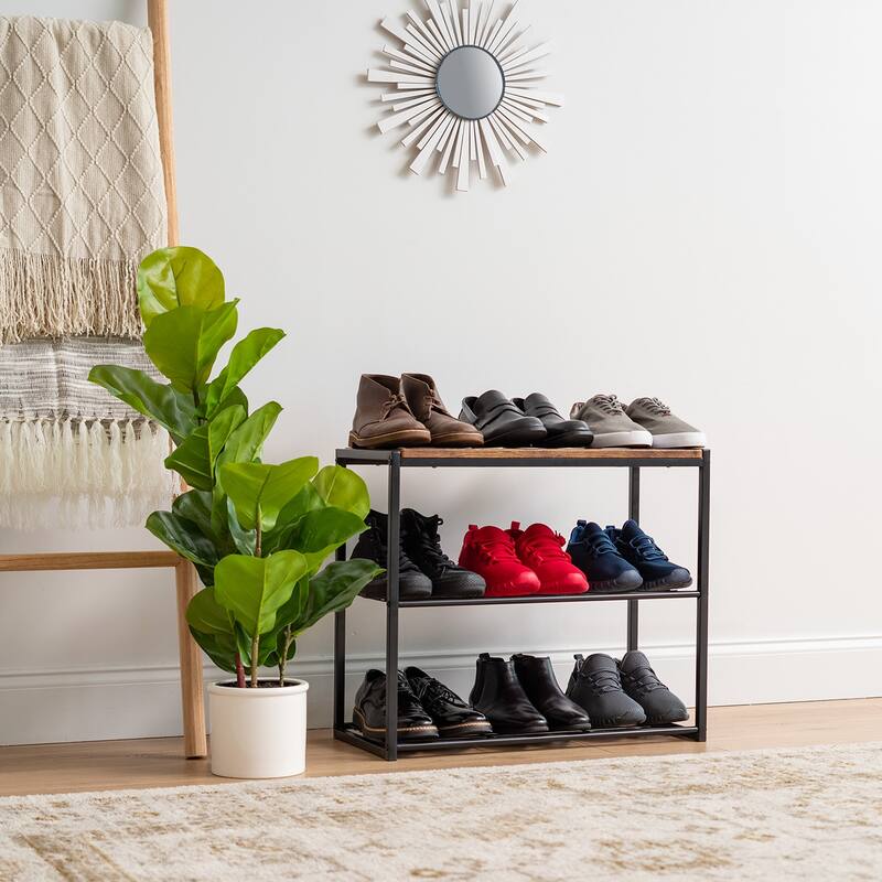 3-Tier Shoe Storage Organizer with Wood and Steel Shelf in Black