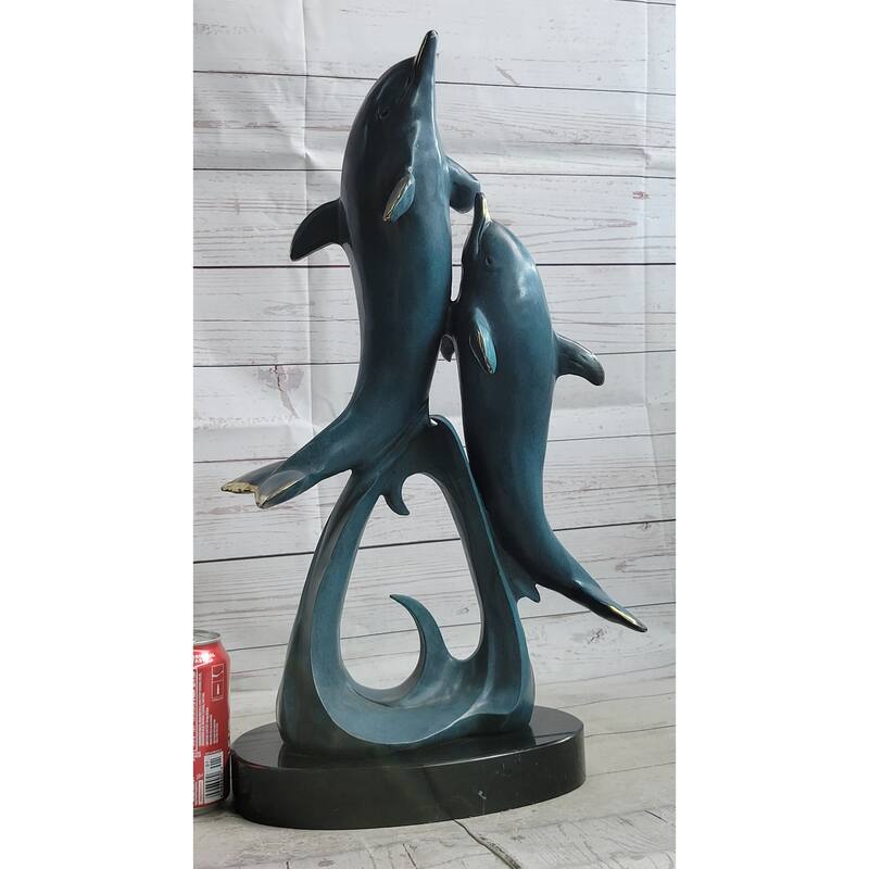 Hot Cast Bronze Leaping Imitative Dolphins Marine Life Sculpture Statue Decor Original Art