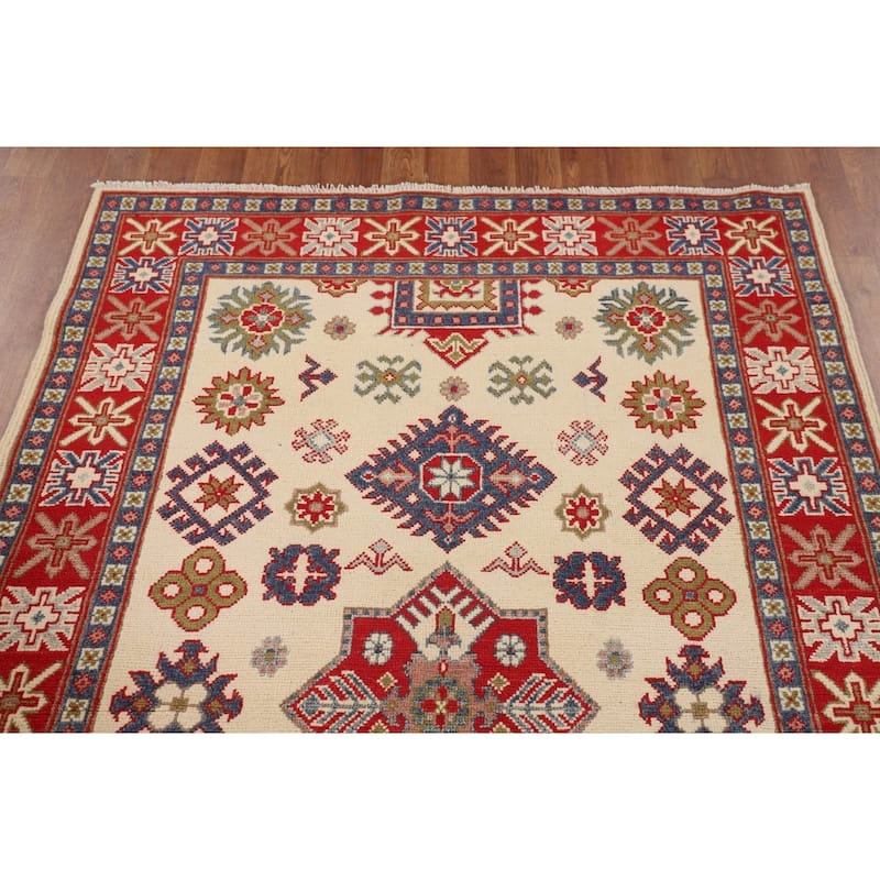 Ivory Kazak Accent Rug Hand-Knotted Wool Carpet - 4'1" x 6'4"