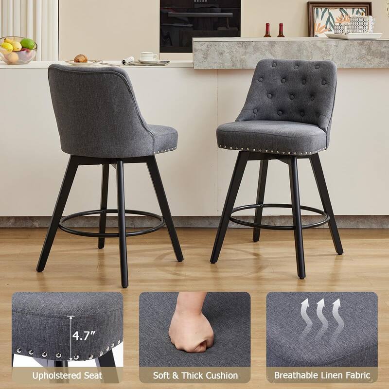 Bar Stools Set of 2, 26" Seat Height Barstools, Swivel Bar Chairs with Upholstered, Footrest, Backrest and Metal Legs