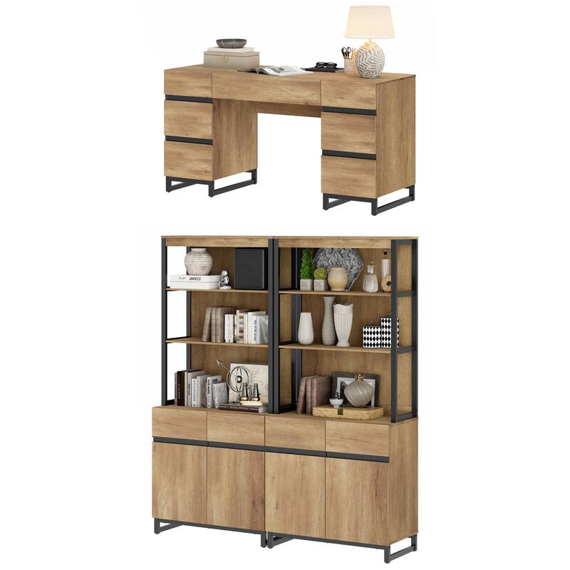 WAMPAT 59in Modern Executive Desk with Charging Station & Drawers and 2 PCS 72in Tall Bookcases with Storage Cabinet.