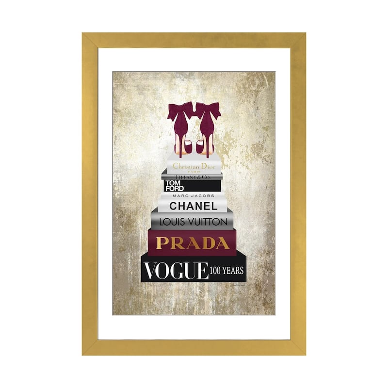 iCanvas "Tall Book Stack With Burgundy Shoes & Gold Background" by Amanda Greenwood - Gold - 24x16x1