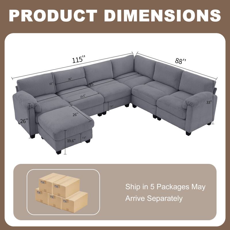 Corduroy Corner Sectional Sofas with a Removable Ottoman, L-shaped Reversible 7-seat Modular Couch