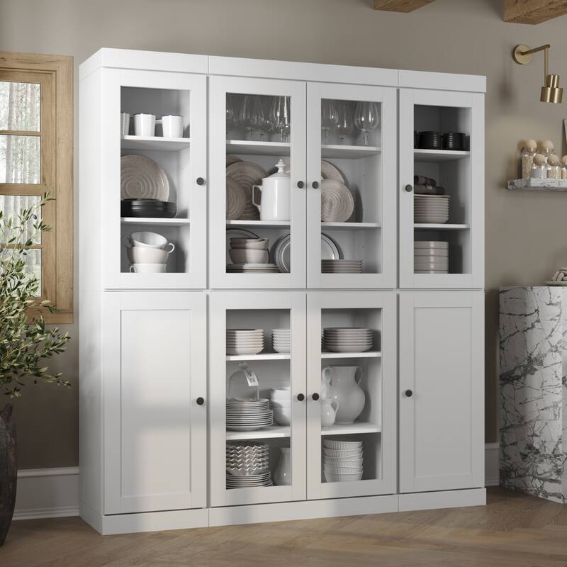 Palace Imports 100% Solid Wood 65" Pantry Cabinet with Clear Glass, Shaker Doors and Adjustable Shelves - White