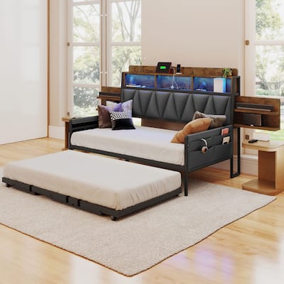 Moasis Twin Size Daybed with Trundle,Heavy Duty Metal Bed Frame with RGB LED Lights and Bookcase Headboard with Charging Station