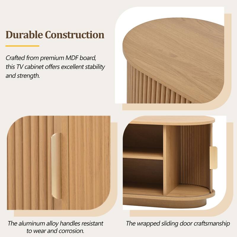 Roomfitters Farmhouse TV Stand, Fluted Wooden Media Console with Sliding Tambour Doors, Adjustable Storage, for TVs up to 75"