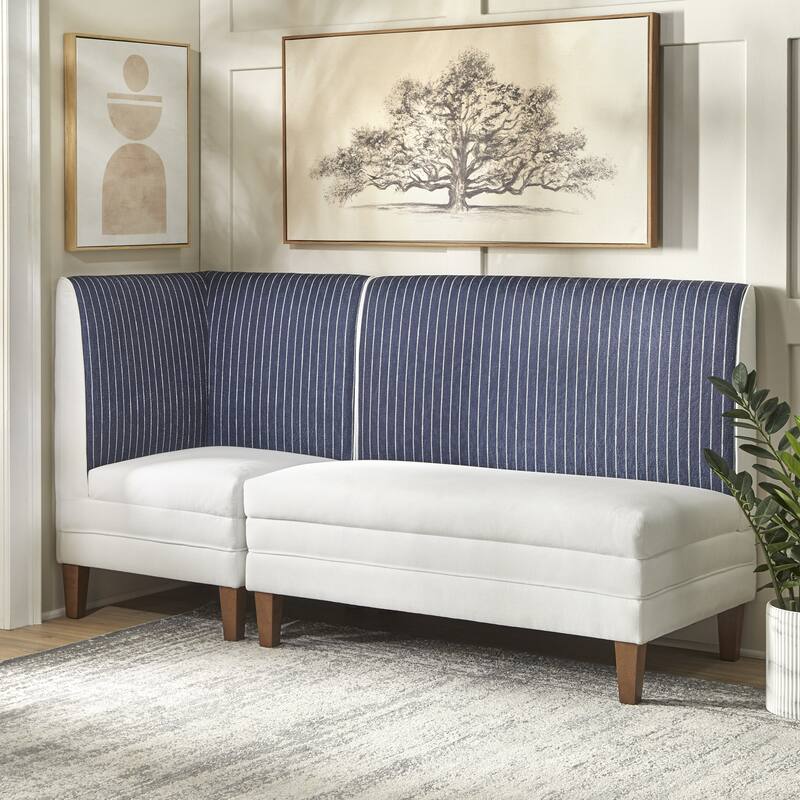 Lifestorey Phillips 2-Piece Upholstered Bench Set - Set of 2 - Off White/Dark Blue Stripe