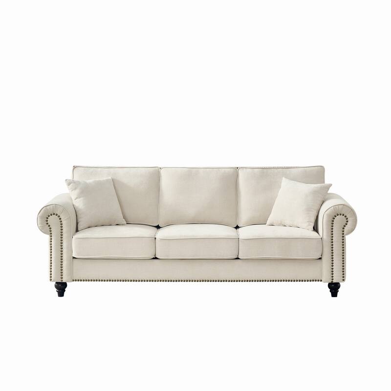 Chenille Upholstered 3 Seater Sofa, Oversized Sofa with Rolled Arms, Deep Seat Couch with Nailhead Trim & Wood Legs