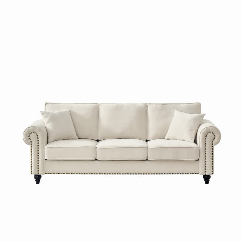 Living Room Deep Seat Rolled Arms Sofa Chenille Upholstered 3 Seater Couch with Wood Legs, Nailhead Trim and Pillows