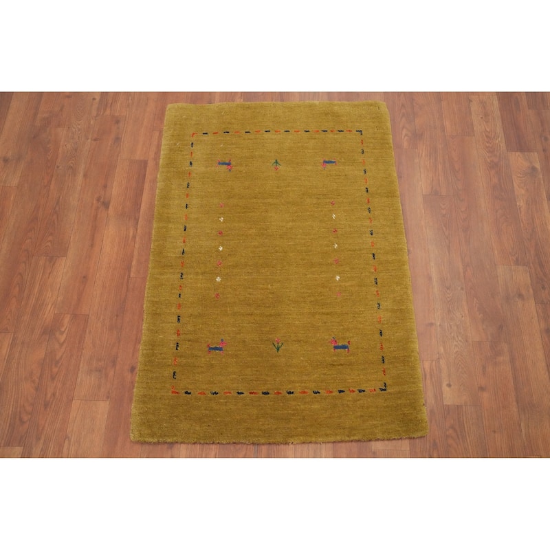 Hand Knotted Oriental 100% Wool Carpet Tribal Animal Pictorial Yellow & Gold Gabbeh Area Rug - 3' 0'' X 2' 0''