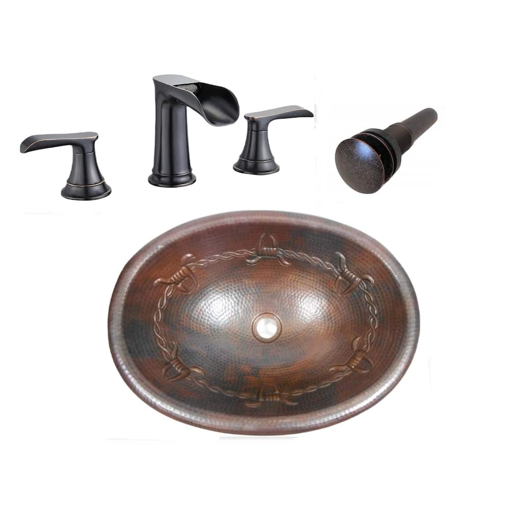 Rustic 19" Oval Copper Bathroom Sink with Barbed Wire Design, Matching Faucet & Drain Included - 19" x 14" x 5"