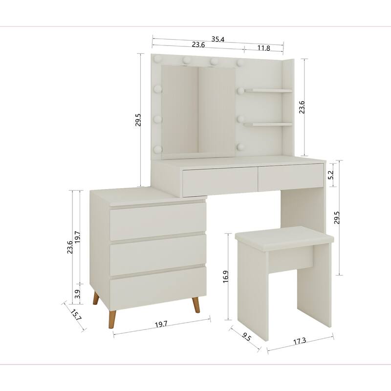 White LED Lighted Makeup Vanity Table with Mirror, Storage Drawers, Organizers & Stool, Modern Beauty Station for Small Rooms
