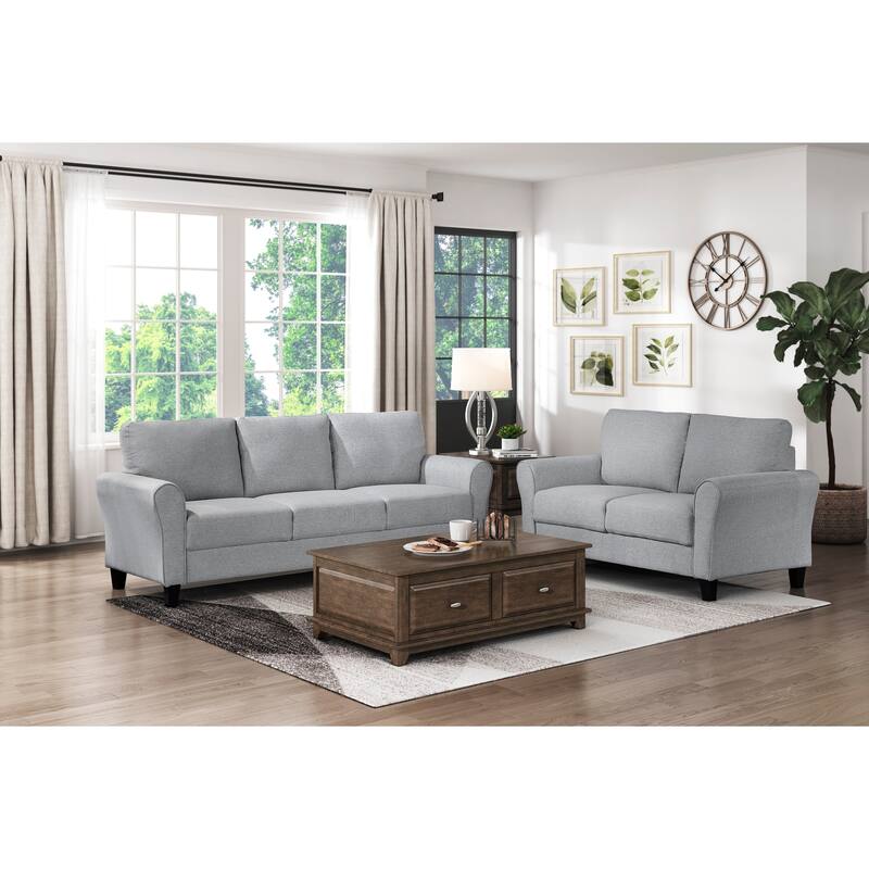 Modern 1pc Dark Gray Textured Fabric Sofa with Rounded Arms and Attached Cushions