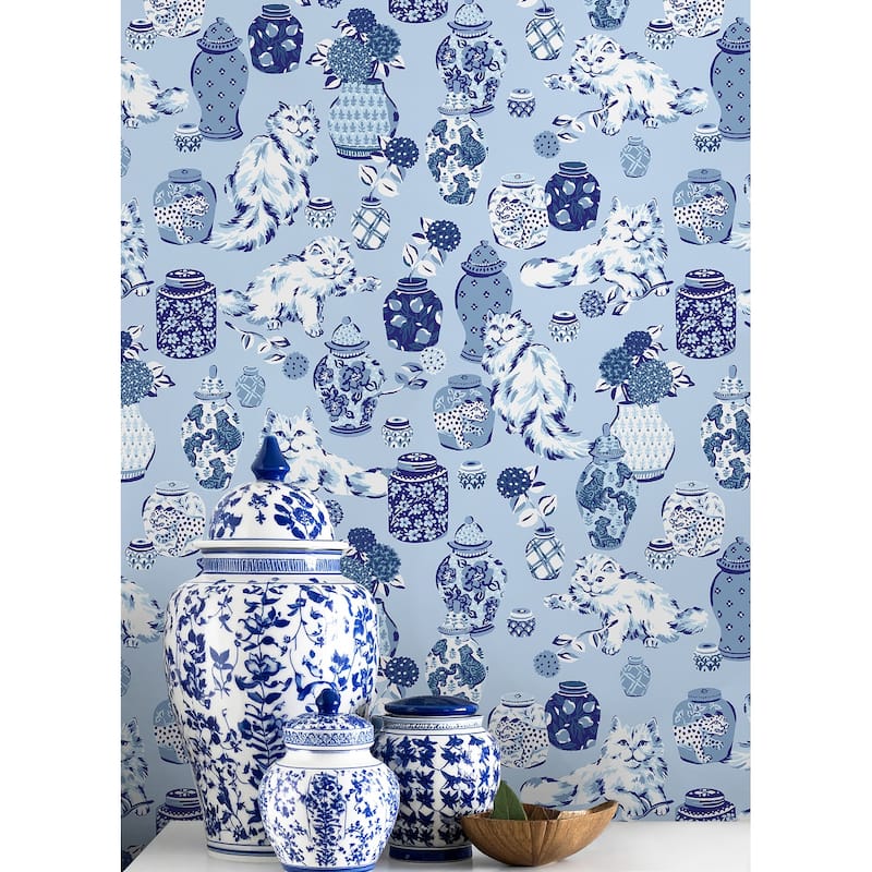 Fancy Cats Blue Peel and Stick Wallpaper