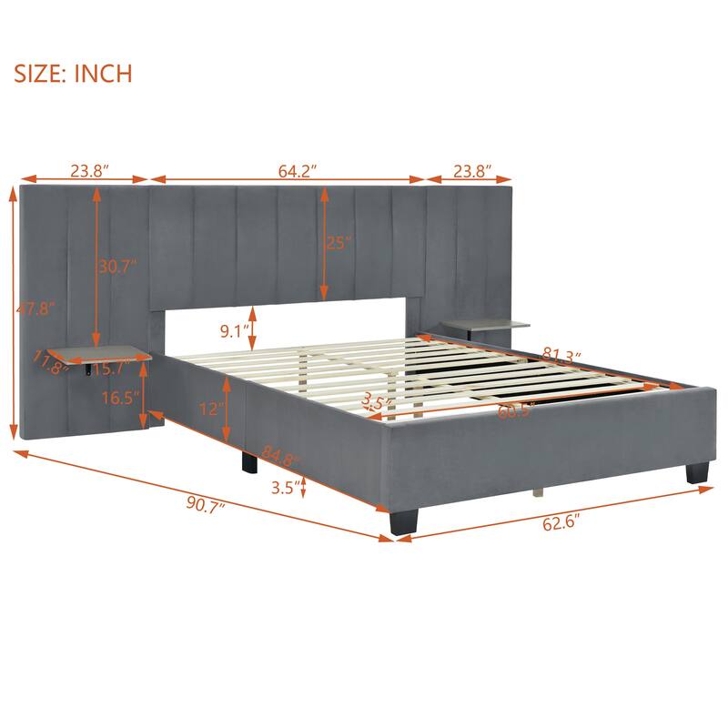 Modern Velvet Upholstered Platform Bed with Large Headboard