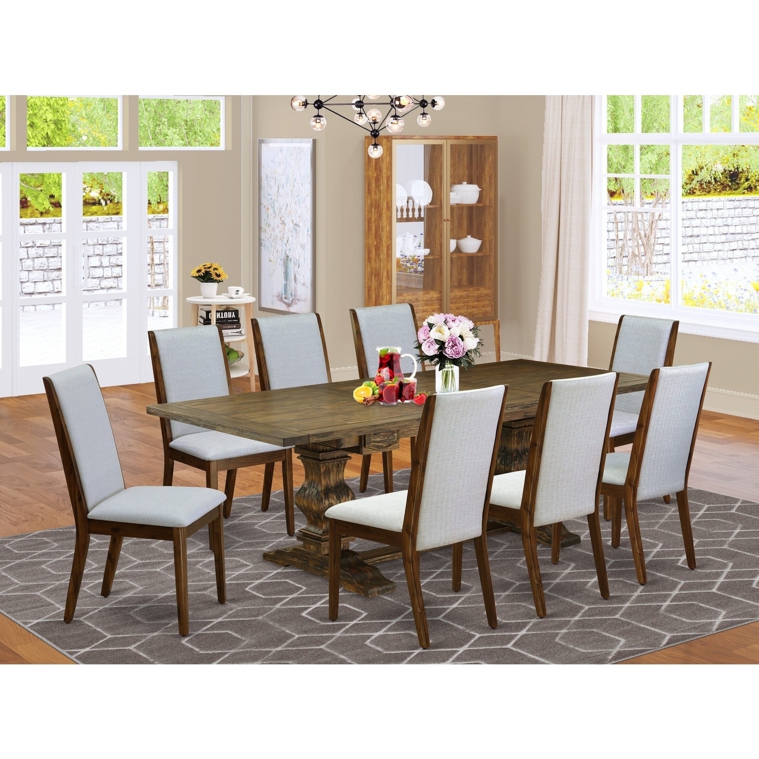 Modern 9-Piece Dining Set - Gray Linen Fabric Chairs & Antique Walnut Table