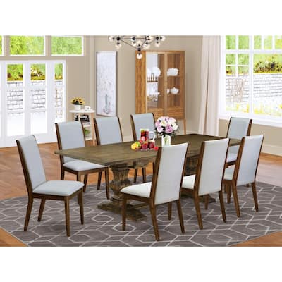 Modern 9-Piece Dining Set - Gray Linen Fabric Chairs & Antique Walnut Table
