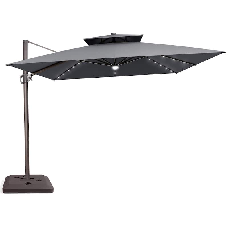 Outdoor Solar Powered LED Double Top Patio Cantilever Umbrella with Base Stand - Dark Grey