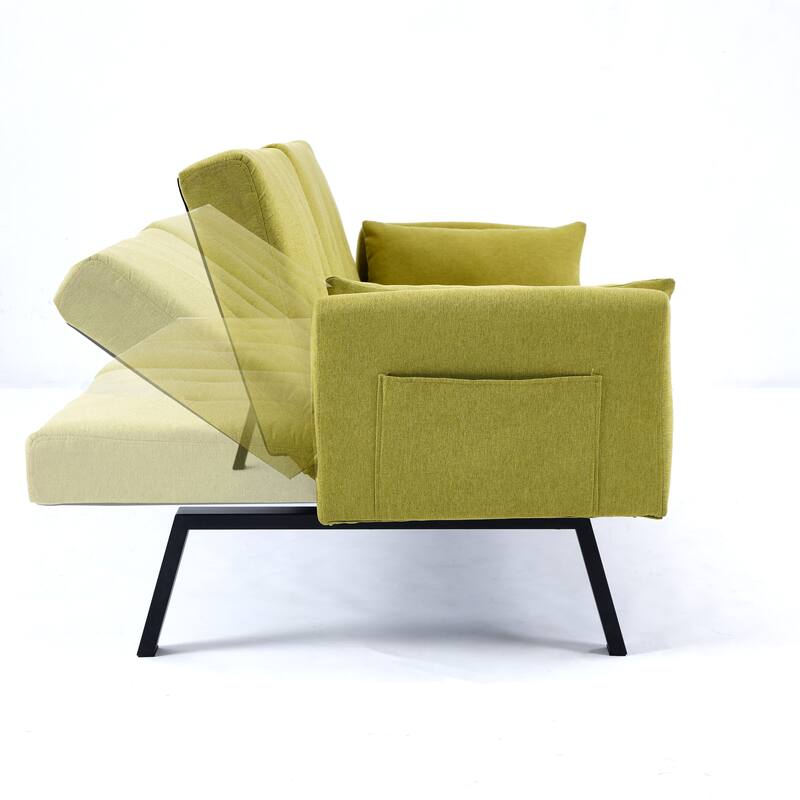 Cotton Linen Fabric Loveseat Sofa Sleeper Sofa Bed for Small Space with Center Table, Cup Holders, Pillows and Side Pockets