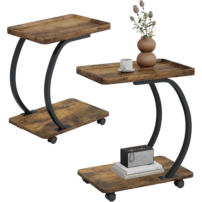 C-Shaped End Table with Wheels, Industrial 2-Tier Small Side Table - 2-Piece