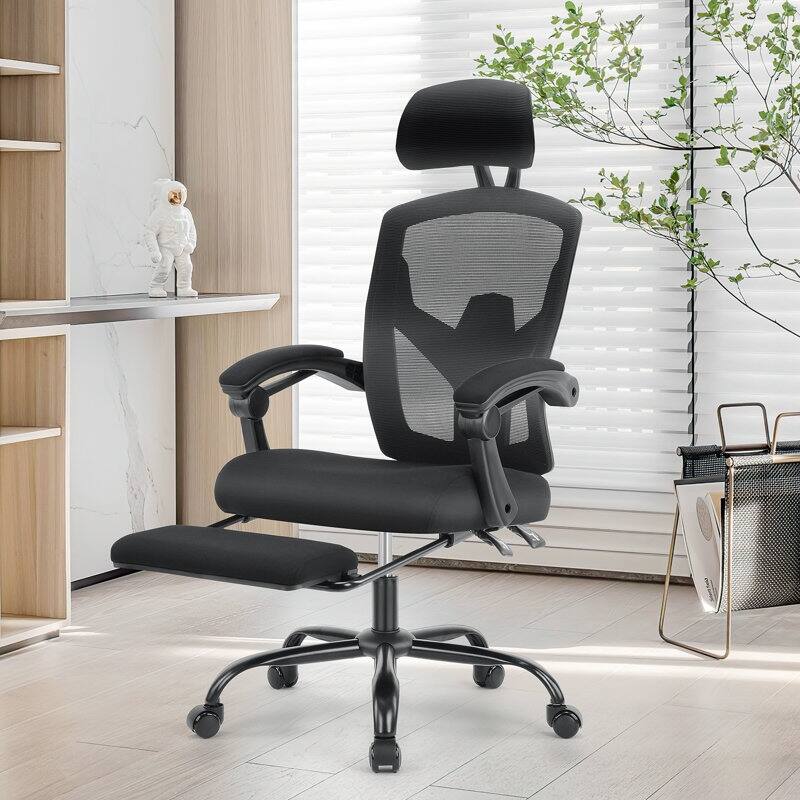 Home Office Desk Chair with Footrest, High-Back Mesh Rolling Swivel Reclining Chairs, Comfortable Headrest, Lumbar Support - Black