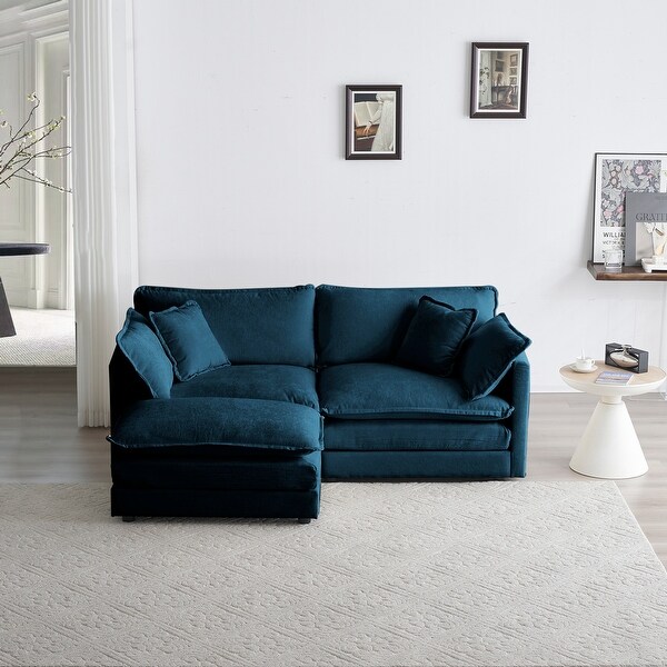 Blue Chenille Two-Seater Sectional Sofa with Ottoman, Modular