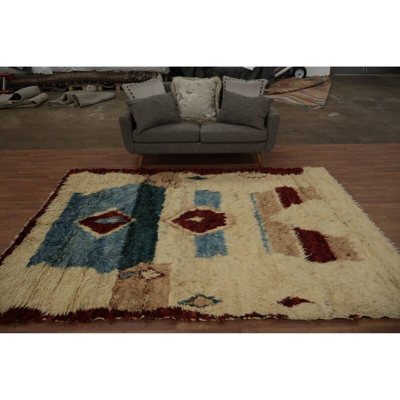 Hand Knotted Oriental 100% Wool Carpet Modern Tribal Beige & Ivories Moroccan Area Rug - 9' 4'' X 6' 9''