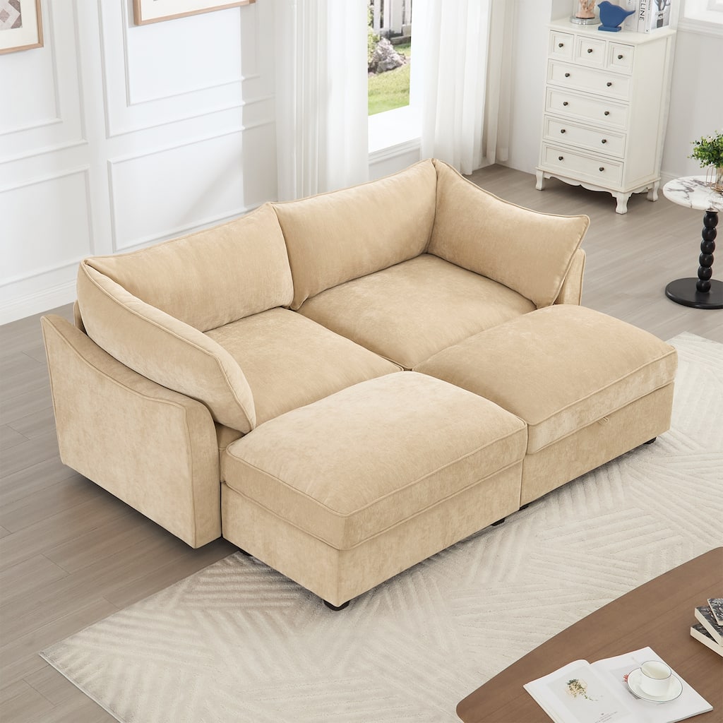 2-Seater Loveseat with 2 Movable Ottoman & Pull out Storage Drawer Under