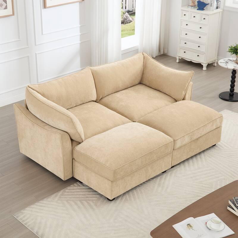 Modern Chenille Sectional Sofa Couch with Hidden Storage & 2 Ottoman - Wheat