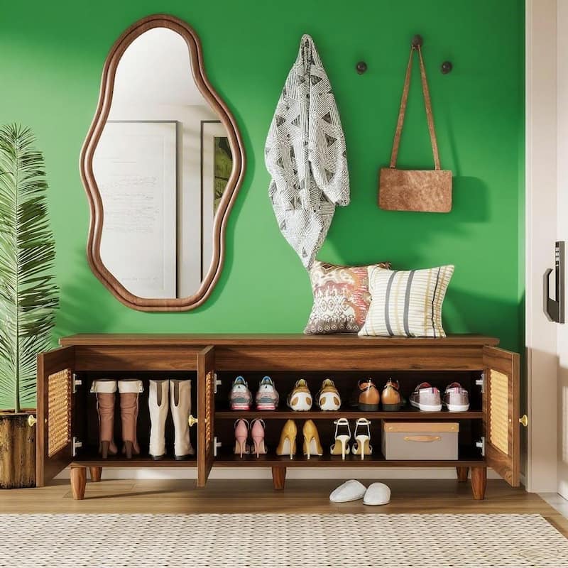 Rustic Rattan Shoe Storage Bench with Hidden Compartment Waterproof Finish and Multi Functional Design for Entryway