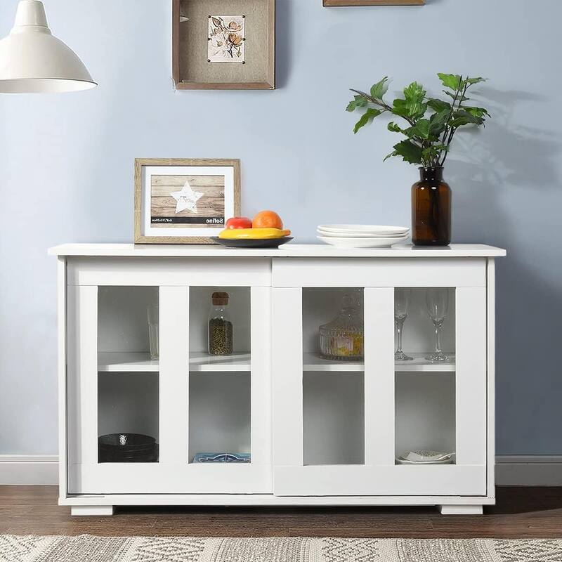 HomyLin White Sideboard Buffet Cabinet with Tempered Glass Doors