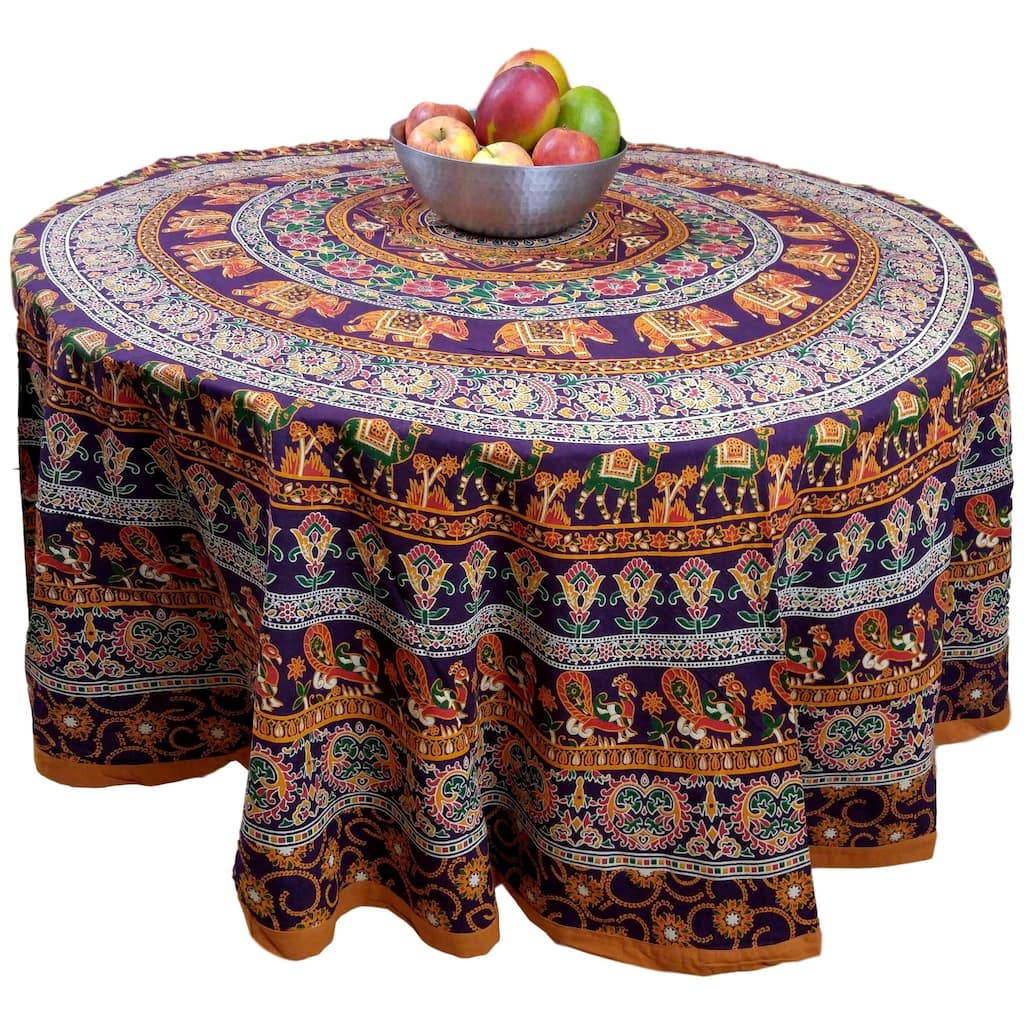 Cotton Compassionate Elephant Floral Tablecloth Round - 81-in Round