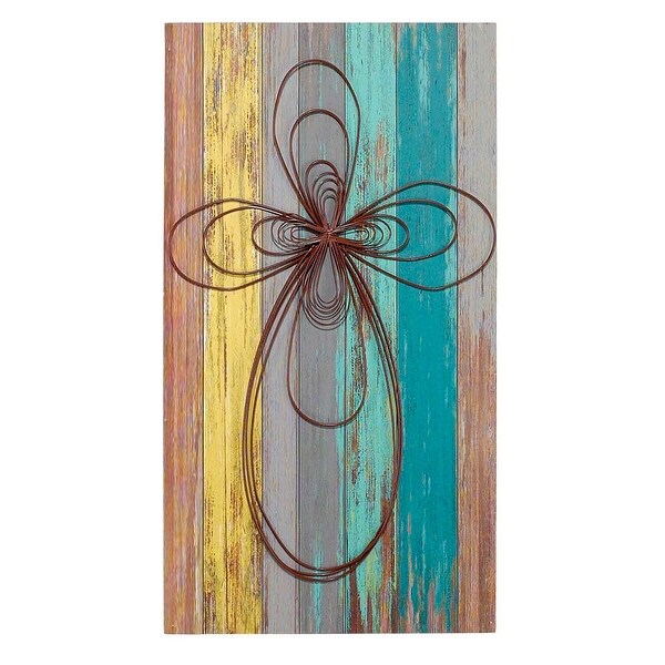 22" Gray and Blue Cross on Rectangular Wall Plaque - N/A