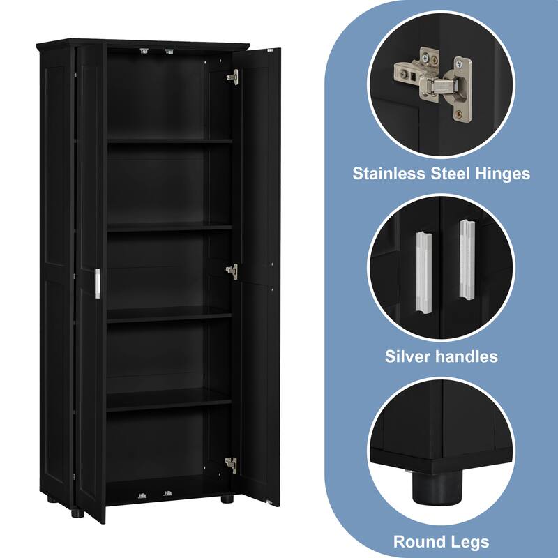 Roomfitters Tall 2-Door Storage Cabinet with 5-Tier Adjustable Shelves, Modern MDF Linen Tower for Bathroom & Office, Black