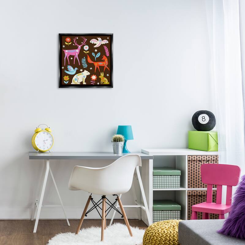 Stupell Forest Folk Animals with Florals Framed Floater Canvas Wall Art Design By Hannah Moren