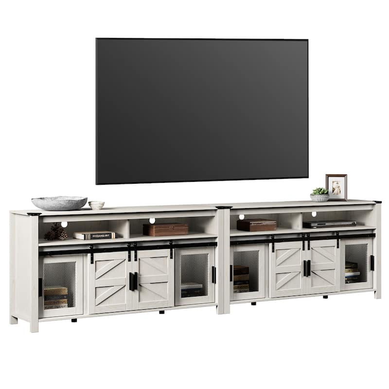 Farmhouse Barn Door TV Stand, Living Room Entertainment Center - 118" W x 15.4" D x 31" H - Antique White