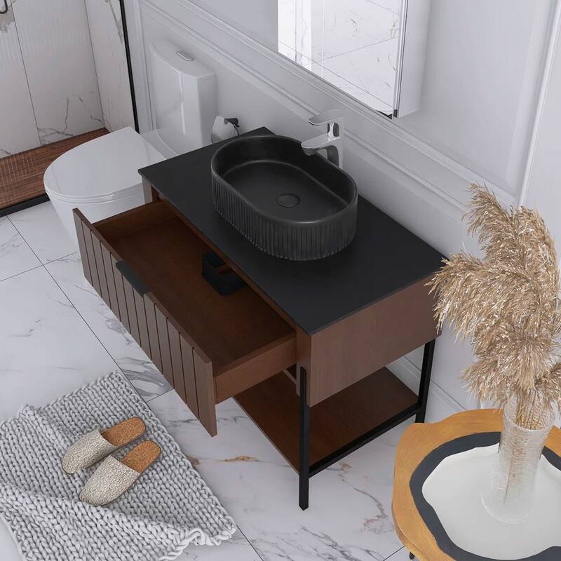 36" Freestanding Bathroom Vanity with Black Ceramic Basin and Open Shelf - 35.83'' x 18.9'' x 33.46''